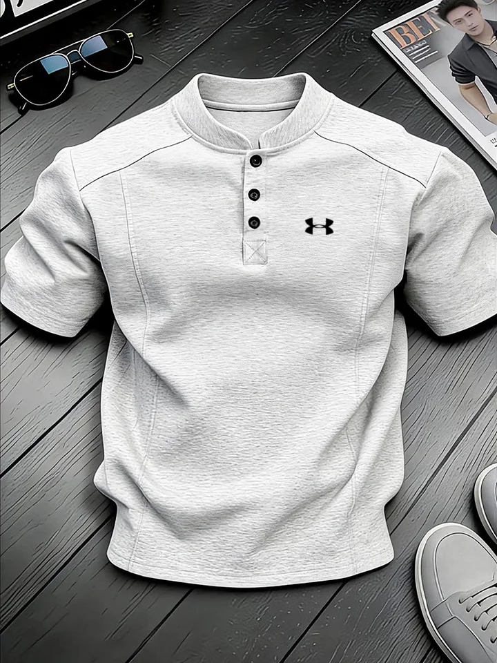 Men's Stand-up Collar Button-down Design Casual Short-sleeved Henley Shirt