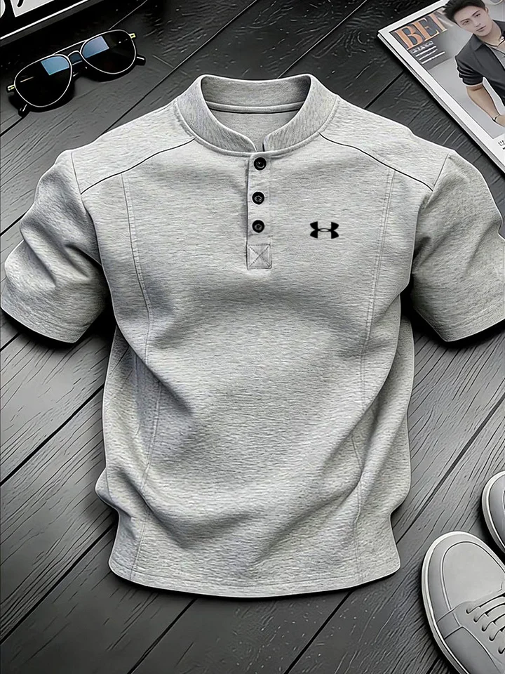 Men's Stand-up Collar Button-down Design Casual Short-sleeved Henley Shirt